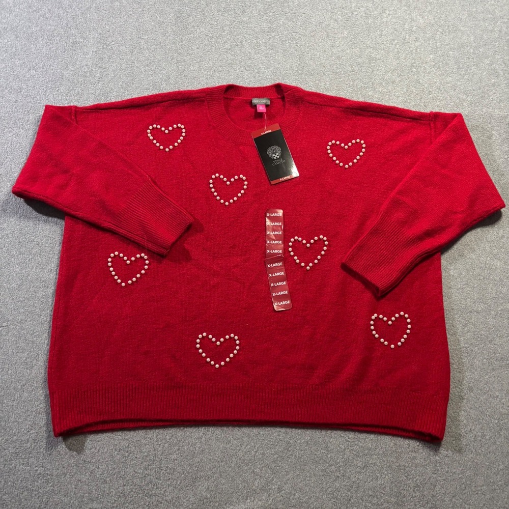 NWT Vince Camuto Heart Sweater Women XL Red Faux Pearl Embellished Pullover
